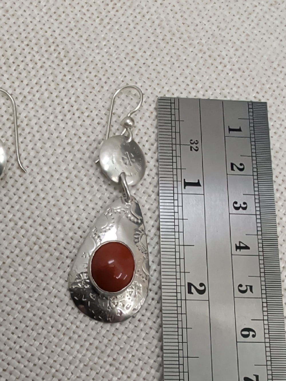 Vintage Sterling Silver Red Coral Cabochon Teardrop Dangle Earrings Artisan - Picture 7 of 17